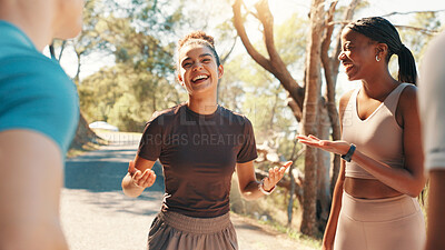 Buy stock photo Running, coach and team with friends in nature for personal trainer, workout partner and health. Wellness, exercise club and laughing with people outdoor for performance, training and challenge
