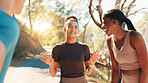 Running, laughing and team with friends in nature for fitness, workout partners and health. Wellness, exercise club and support with people outdoor for performance, training and challenge together