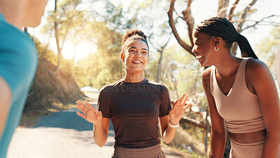 Buy stock photo Running, laughing and team with friends in nature for fitness, workout partners and health. Wellness, exercise club and support with people outdoor for performance, training and challenge together