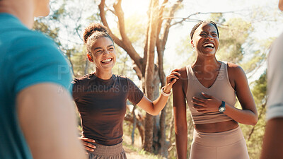 Buy stock photo Running, laughing and fitness with friends in nature for team, workout partners and health. Wellness, exercise club and support with people outdoor for performance, training and challenge together
