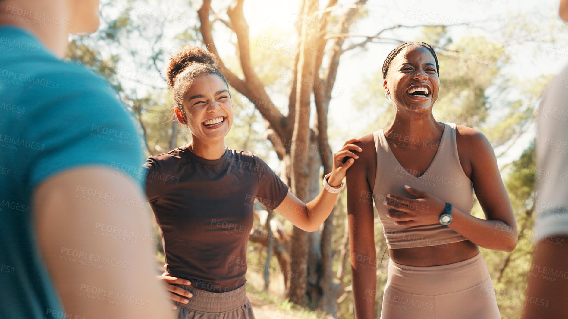 Buy stock photo Running, laughing and fitness with friends in nature for team, workout partners and health. Wellness, exercise club and support with people outdoor for performance, training and challenge together