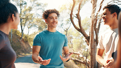 Buy stock photo Running, talking and team with friends in nature for fitness, workout partners and health. Wellness, exercise club and support with people outdoor for performance, training and challenge together