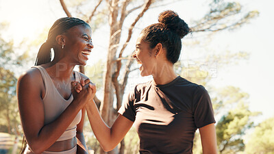 Buy stock photo Running, support and team with friends in nature for achievement, workout success and health. Wellness, exercise club and celebration with women outdoor for performance, training and challenge