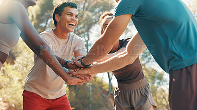 Buy stock photo Fitness, huddle and running with friends outdoor together for bonding, motivation or support. Excited, exercise and stack of hands with group of people in circle for practice, training or workout