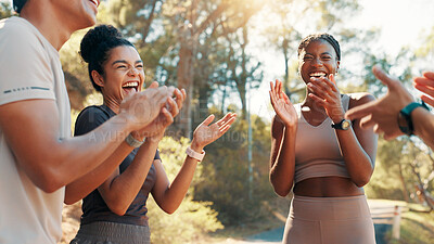 Buy stock photo Running, support and applause with friends in nature for fitness, workout partners and health. Wellness, exercise club and laughing with people outdoor for success, training and challenge together
