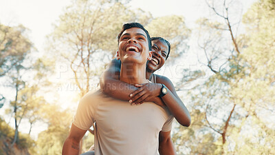 Buy stock photo Fitness, piggyback and support with couple in nature for runner, workout partner or health. Wellness, exercise and smile with man and woman outdoor for laughing, training and challenge low angle