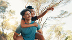 Running, piggyback and pointing with couple in nature for fitness, workout partner and health. Wellness, exercise club and smile with man and woman outdoor for performance, training and challenge