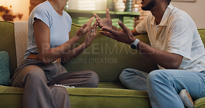 Buy stock photo Argument, disagreement or hands of man with woman in home for conflict or fight resolution. Anger, drama or frustration with unhappy people on sofa in apartment for blame, discussion or mistake