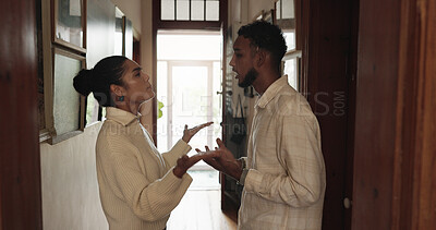Buy stock photo Argument, disagreement or dispute with man and woman in home for conflict or fight resolution. Anger, drama or frustration with boyfriend and girlfriend in apartment for blame, discussion or mistake