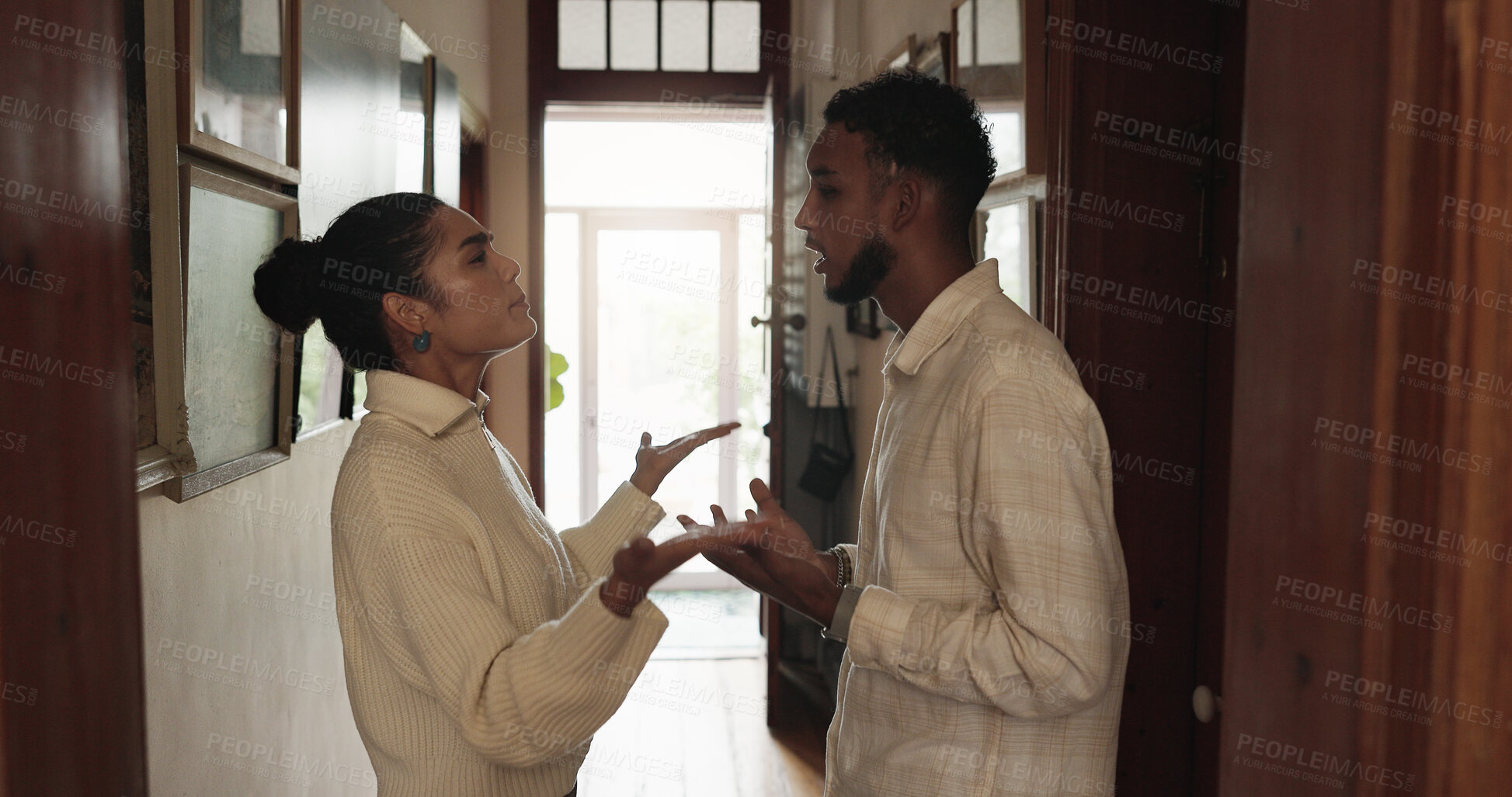 Buy stock photo Argument, disagreement or dispute with man and woman in home for conflict or fight resolution. Anger, drama or frustration with boyfriend and girlfriend in apartment for blame, discussion or mistake