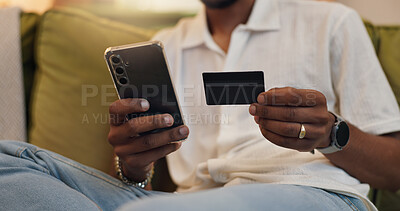 Buy stock photo Home, credit card and man with smartphone, hands and financial payment with savings, internet and investment. Ecommerce, online shopping and person with closeup, cellphone and digital app for banking