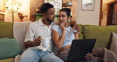 Buy stock photo Couple, relax and coffee with laptop on sofa for research, browsing or online entertainment at home. Man, woman or lovers with cup or computer on couch for network, connection or discussion at house