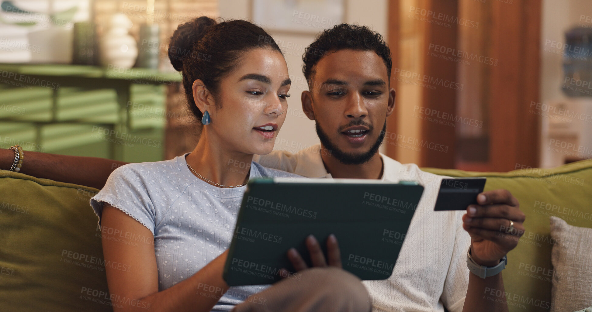 Buy stock photo Home, credit card and couple on sofa, tablet and financial transactions with savings, budget report and investment. Ecommerce, online shopping or man with woman, technology or digital app for banking