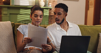 Buy stock photo Couple, finance and documents with laptop on sofa for budget planning, expenses or bills at home. Man, woman or paperwork with computer for mortgage payment, cost or financial invoices at house