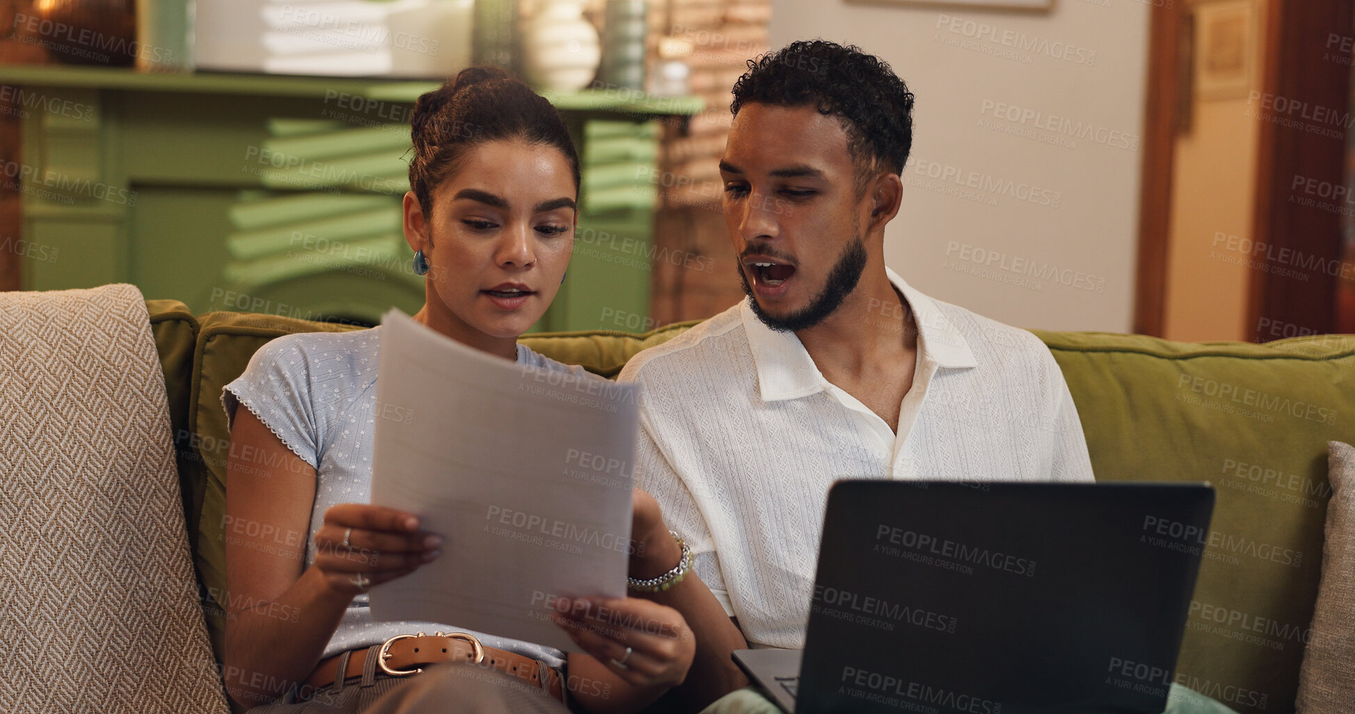 Buy stock photo Couple, finance and documents with laptop on sofa for budget planning, expenses or bills at home. Man, woman or paperwork with computer for mortgage payment, cost or financial invoices at house