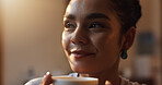 Daydreaming, smile and woman with coffee, morning and calm with caffeine on weekend, relax and peace. Home, thinking and person with cappuccino on break, reflection and contemplating with cup of tea