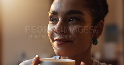 Buy stock photo Daydreaming, smile and woman with coffee, morning and calm with caffeine on weekend, relax and peace. Home, thinking and person with cappuccino on break, reflection and contemplating with cup of tea