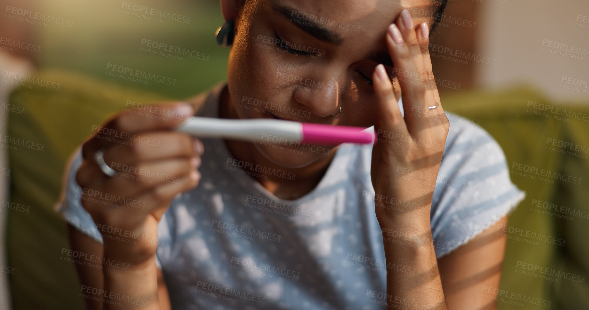 Buy stock photo Hands, pregnancy test and stress with woman on sofa in living room of home waiting for fertility results. Anxiety, IVF and kit with person closeup in apartment for crisis, disaster or mistake