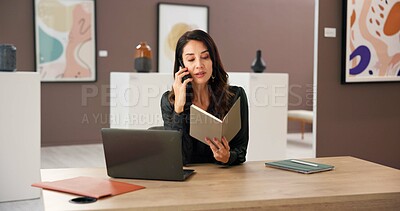 Buy stock photo Book, laptop and phone call with woman in art gallery for exhibition or networking as curator. Communication, computer and schedule with mature person in museum for planning, showcase or vision