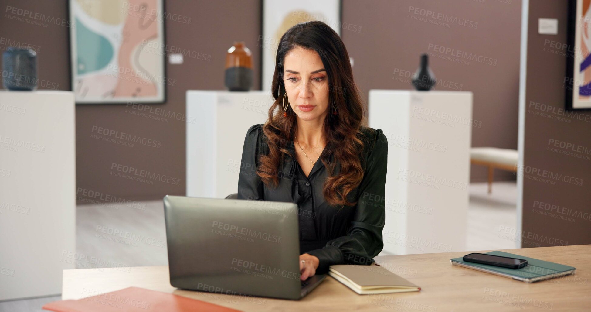 Buy stock photo Art gallery, internet and woman with laptop, online reading and email for project funding. Mature person, manager or curator with pc, connection or budget report with research, expo curating or plan