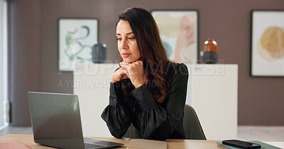 Buy stock photo Art gallery, woman and thinking with laptop for reading, curator information and research for creative office. Exhibition, mature person and museum direct with tech for fundraising ideas and business