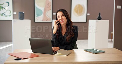 Buy stock photo Laptop, phone call and smile of woman in art gallery for exhibition or networking as curator. Computer, conversation and planning with happy mature person in museum for expo, showcase or vision