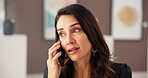 Art, phone call and thinking with woman in museum for exhibition or networking as curator. Communication, conversation and planning with mature person in gallery for expo, showcase or vision