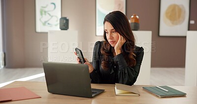 Buy stock photo Thinking, woman and art with phone at gallery for research, artwork information and schedule event. Female curator, mobile and social media reviews, online auction and planning catalog for exhibition