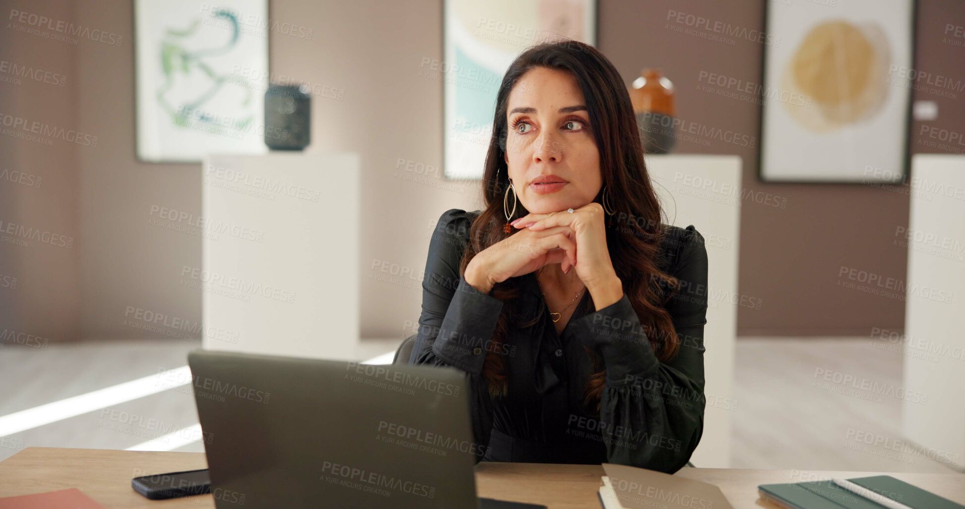 Buy stock photo Creative, woman and thinking with laptop in art gallery for exhibition planning, expo curating or feedback. Art director, manager and tech for website update, auction promotion or showcase management