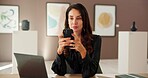 Woman, art and reading with phone at gallery for research, artwork information and schedule event. Female curator, mobile and social media review, online auction and planning catalog for exhibition