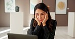 Stress, laptop and art director in gallery with mistake, problem or glitch for sale loss. Computer, brain fog and female curator with exhibition fail with negative feedback in painting showroom.