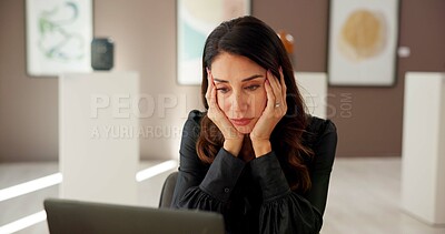 Buy stock photo Stress, laptop and art director in gallery with mistake, problem or glitch for sale loss. Computer, brain fog and female curator with exhibition fail with negative feedback in painting showroom.