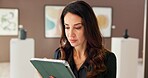 Creative, woman and reading on tablet at gallery for research, artwork information and schedule event. Female curator, digital and social media reviews, online auction and art catalog for exhibition