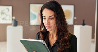 Buy stock photo Creative, woman and reading on tablet at gallery for research, artwork information and schedule event. Female curator, digital and social media reviews, online auction and art catalog for exhibition