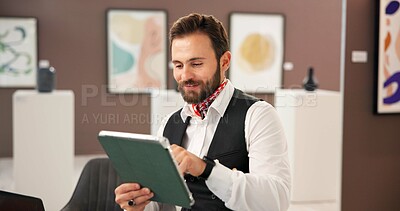 Buy stock photo Man, art and reading on tablet at gallery for artifact research, artwork information and schedule event. Male curator, digital and review collection, online auction and showroom catalog of exhibition