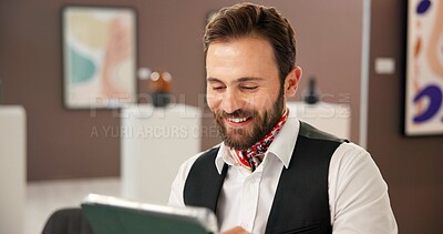 Buy stock photo Smile, man and reading on tablet at art gallery for research, artwork information and schedule event. Male curator, digital and artifact collection, online auction and showroom catalog for exhibition