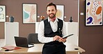 Portrait, smile and man with tablet at art gallery for about us, artwork collection and museum expo. Male curator, digital or career pride of online auction, showroom catalog and sculpture exhibition