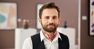 Buy stock photo Man, portrait and curator at art museum as exhibition coordinator with ambition for creative career. Confidence, gallery and professional artwork director, worker and employee with pride in France