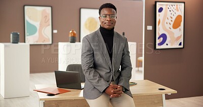 Buy stock photo Man, worker and portrait of curator at art museum as exhibition coordinator with ambition for creative career. Confidence, gallery and professional artwork director and African employee with pride