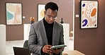 Black man, art and reading on tablet at gallery for research, artwork information and schedule event. Male curator, digital and social media reviews, online auction and showroom catalog of exhibition