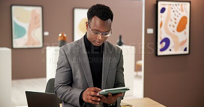 Buy stock photo Black man, art and reading on tablet at gallery for research, artwork information and schedule event. Male curator, digital and social media reviews, online auction and showroom catalog of exhibition