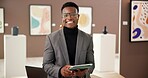 Portrait, art and black man with tablet at gallery for about us, artwork collection and museum expo. Male curator, digital or career pride of online auction, showroom catalog and sculpture exhibition