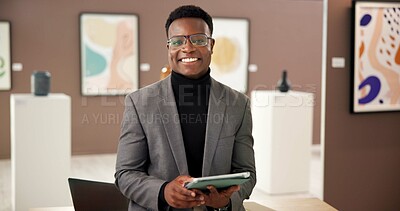 Buy stock photo Portrait, art and black man with tablet at gallery for about us, artwork collection and museum expo. Male curator, digital or career pride of online auction, showroom catalog and sculpture exhibition