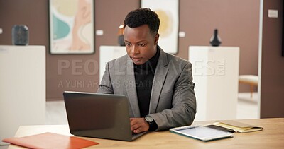 Buy stock photo Creative, internet and black man with laptop, online reading and feedback for art funding. African person, manager or curator with pc, expo curating or budget report with research and website update