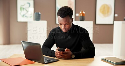 Buy stock photo Black man, art and reading with phone at gallery for research, artwork information and schedule event. Male curator, mobile and artifact website, online auction and showroom catalog for exhibition