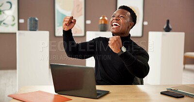 Buy stock photo Art gallery, creative and black man with laptop, cheering and celebration for project funding. African person, manager and curator with computer, excited and auction with showroom and exhibition sale