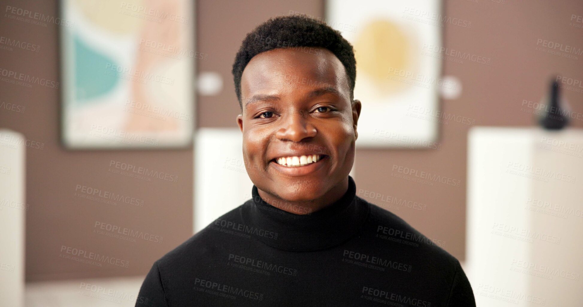 Buy stock photo Black man, smile and portrait of curator at art gallery as exhibition coordinator for creative business. Confident, museum and professional artwork director, worker and face of African employee