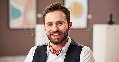 Buy stock photo Man, smile and portrait of director at art gallery as exhibition coordinator for creative business. Confident professional, museum and artwork curator, worker and face of employee with pride in UK