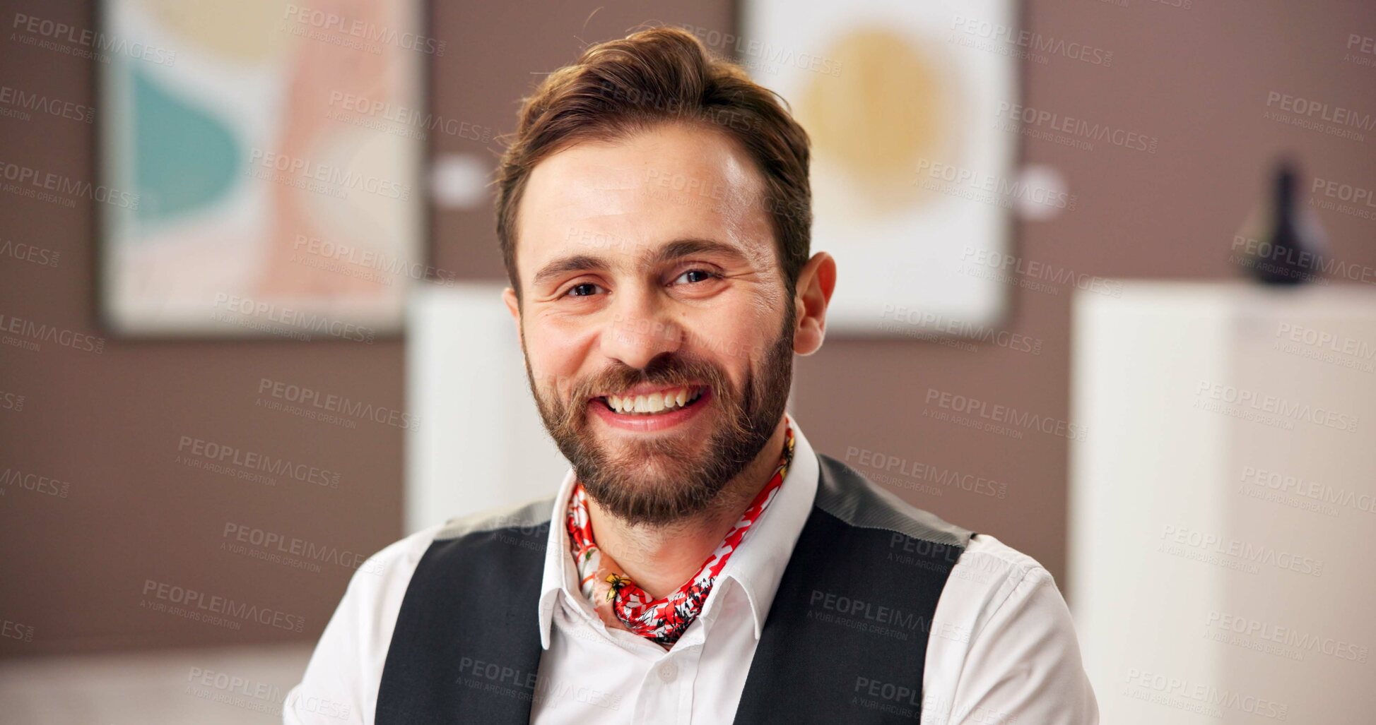 Buy stock photo Man, smile and portrait of director at art gallery as exhibition coordinator for creative business. Confident professional, museum and artwork curator, worker and face of employee with pride in UK
