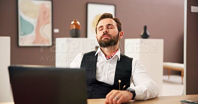 Buy stock photo Creative, sleeping and man with laptop, tired and overworked with fatigue, waiting and burnout. Person, manager and employee with computer, exhausted and brain fog with workaholic, nap and resting